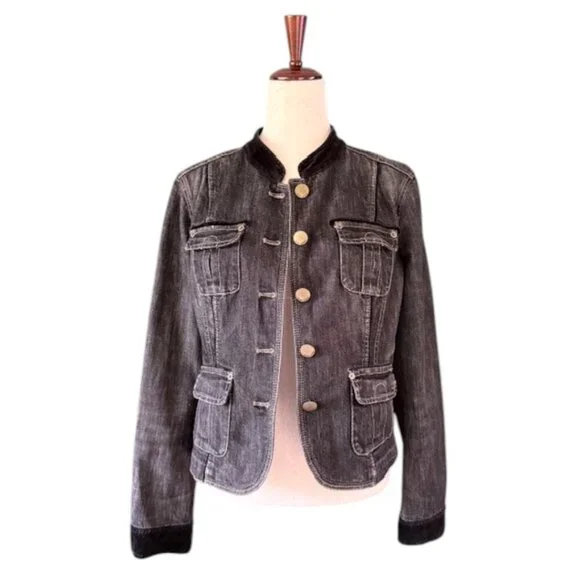 DKNY Jeans Women's Black Cropped Denim Military Style Jacket Stretch Faded L EUC - Picture 2 of 16